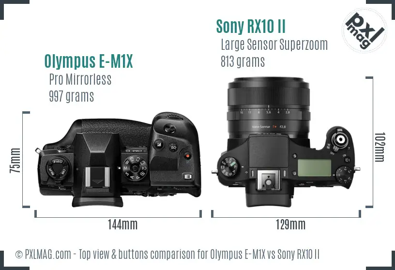 Olympus E-M1X vs Sony RX10 II top view buttons comparison
