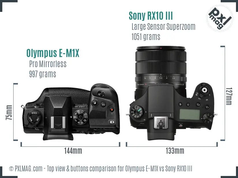 Olympus E-M1X vs Sony RX10 III top view buttons comparison