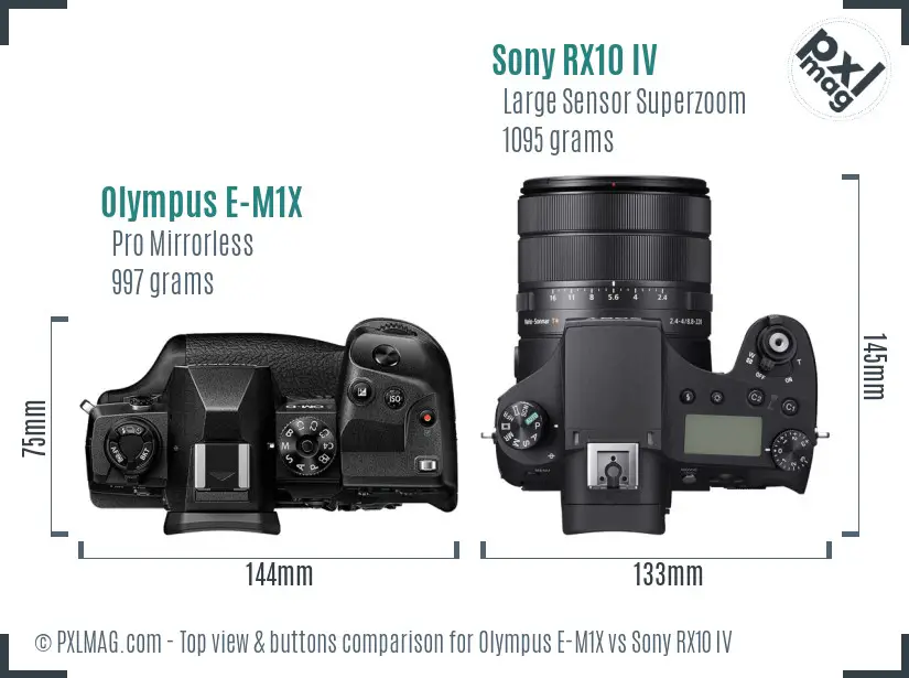 Olympus E-M1X vs Sony RX10 IV top view buttons comparison
