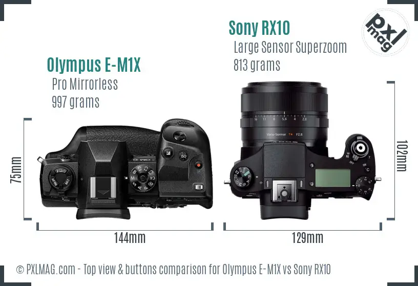 Olympus E-M1X vs Sony RX10 top view buttons comparison