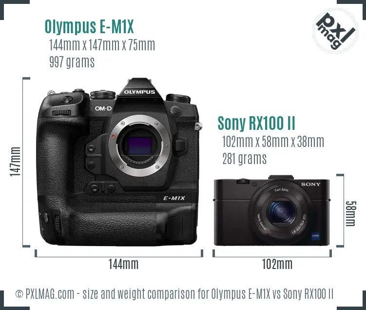 Olympus E-M1X vs Sony RX100 II size comparison