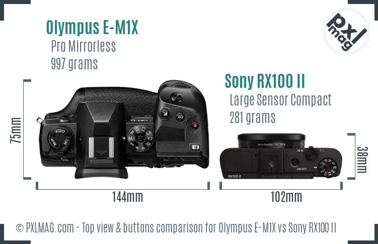 Olympus E-M1X vs Sony RX100 II top view buttons comparison