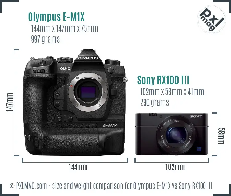 Olympus E-M1X vs Sony RX100 III size comparison