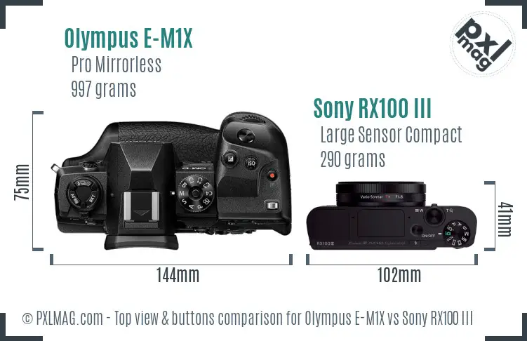 Olympus E-M1X vs Sony RX100 III top view buttons comparison