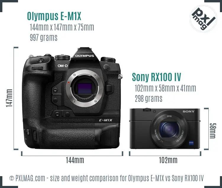 Olympus E-M1X vs Sony RX100 IV size comparison