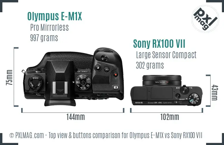 Olympus E-M1X vs Sony RX100 VII top view buttons comparison