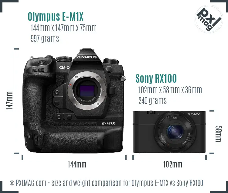 Olympus E-M1X vs Sony RX100 size comparison