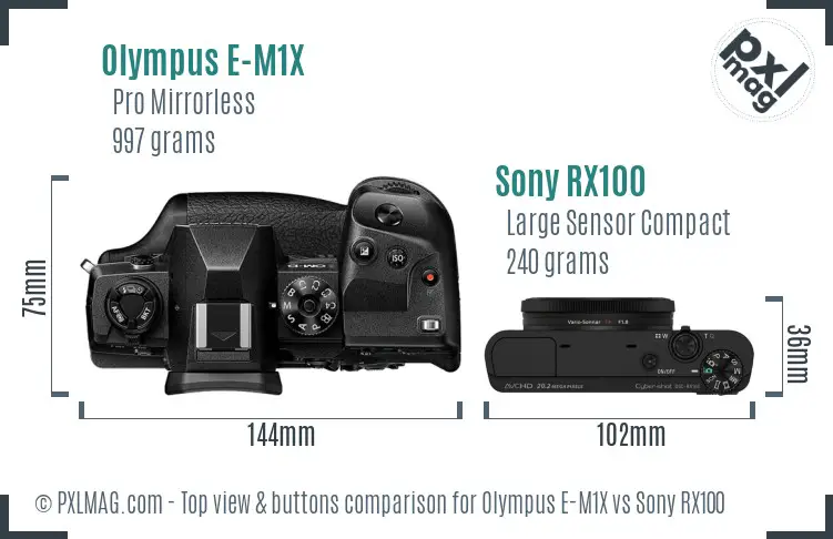 Olympus E-M1X vs Sony RX100 top view buttons comparison