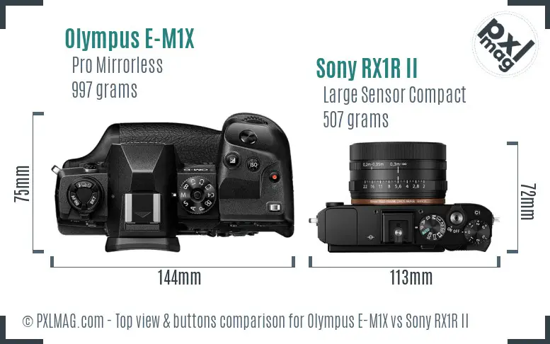 Olympus E-M1X vs Sony RX1R II top view buttons comparison Olympus E-M1X vs Sony RX1R II top view buttons comparison