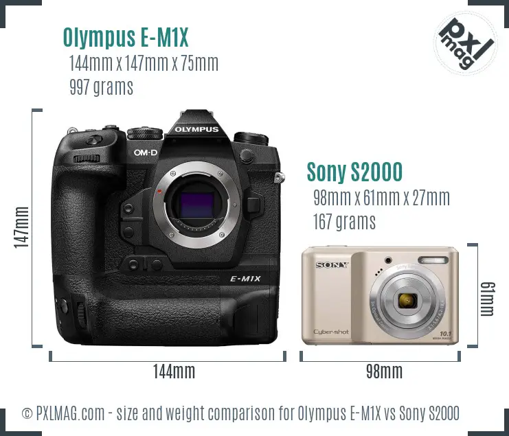 Olympus E-M1X vs Sony S2000 size comparison