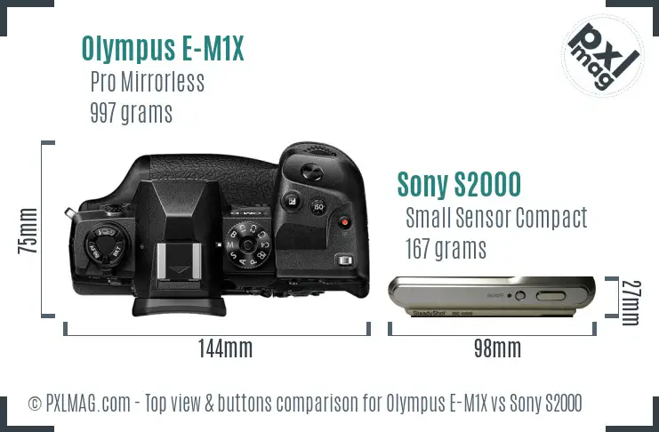 Olympus E-M1X vs Sony S2000 top view buttons comparison