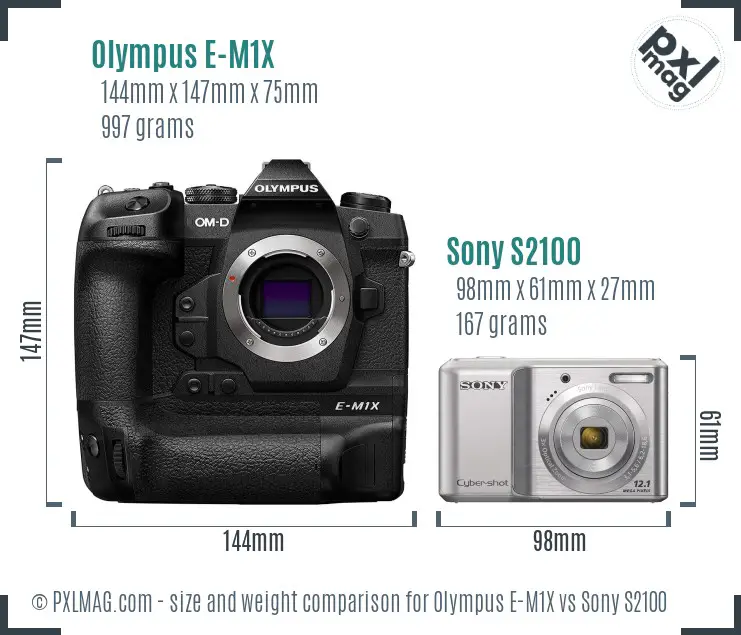 Olympus E-M1X vs Sony S2100 size comparison Olympus E-M1X vs Sony S2100 size comparison