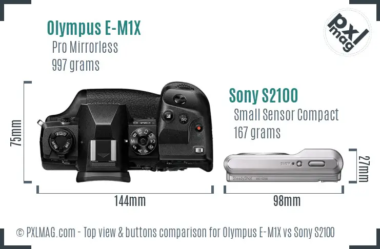 Olympus E-M1X vs Sony S2100 top view buttons comparison Olympus E-M1X vs Sony S2100 top view buttons comparison