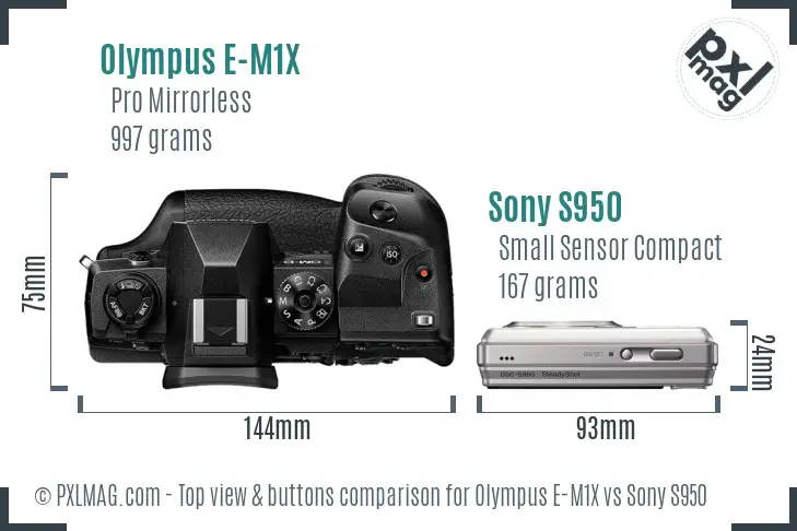 Olympus E-M1X vs Sony S950 top view buttons comparison Olympus E-M1X vs Sony S950 top view buttons comparison