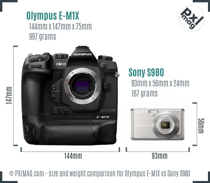 Olympus E-M1X vs Sony S980 size comparison