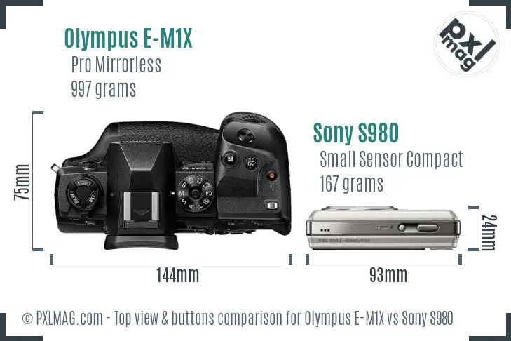 Olympus E-M1X vs Sony S980 top view buttons comparison