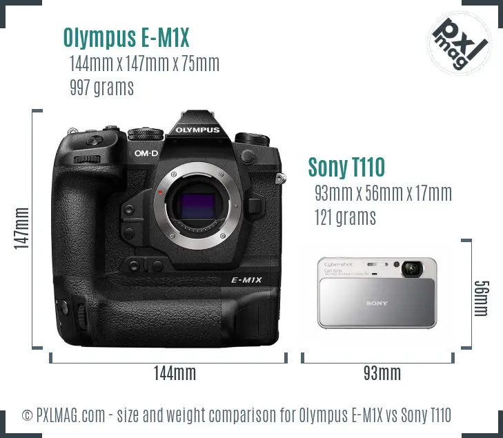 Olympus E-M1X vs Sony T110 size comparison
