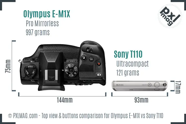 Olympus E-M1X vs Sony T110 top view buttons comparison