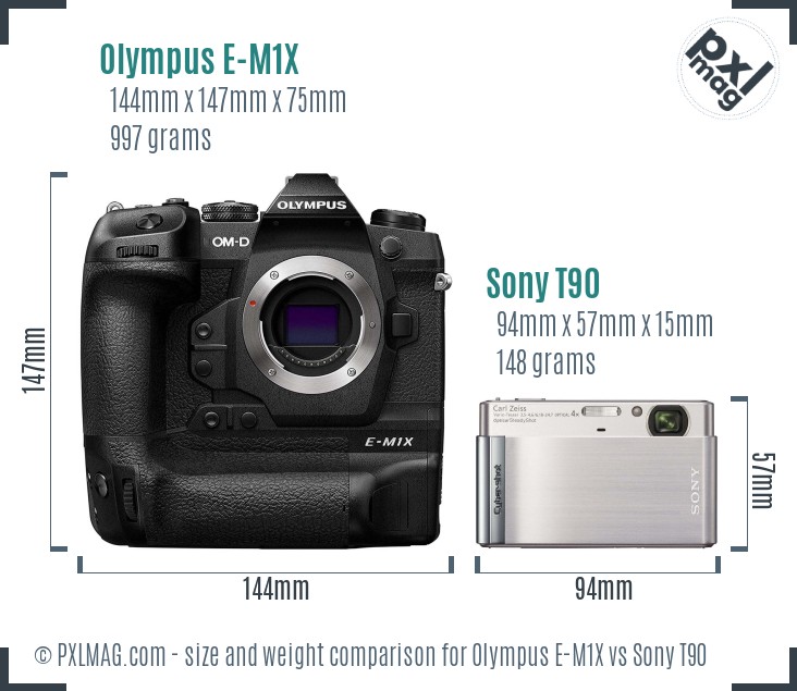 Olympus E-M1X vs Sony T90 size comparison