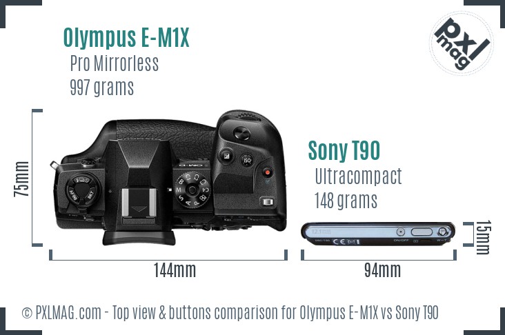 Olympus E-M1X vs Sony T90 top view buttons comparison