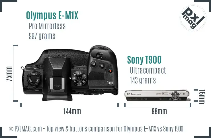Olympus E-M1X vs Sony T900 top view buttons comparison Olympus E-M1X vs Sony T900 top view buttons comparison
