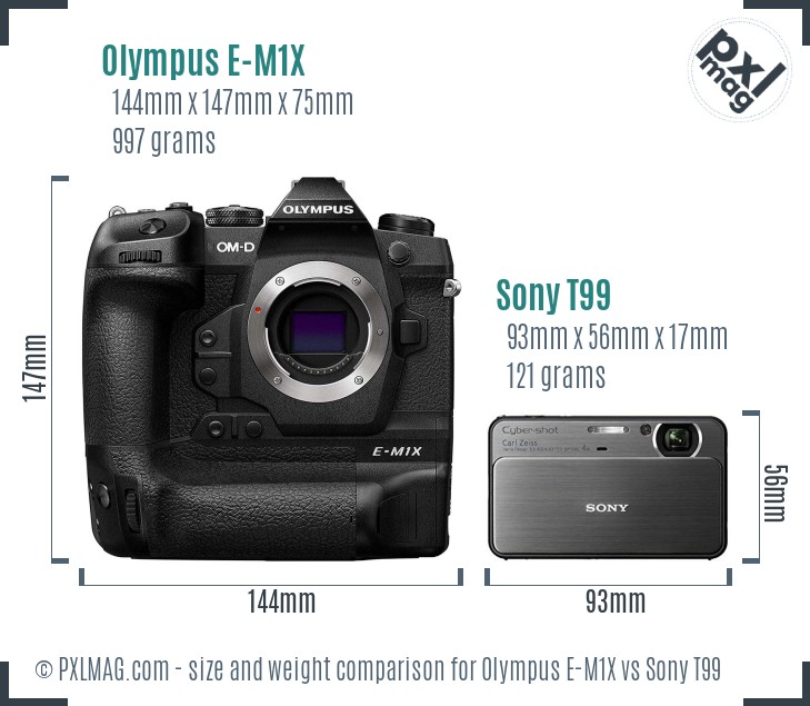 Olympus E-M1X vs Sony T99 size comparison