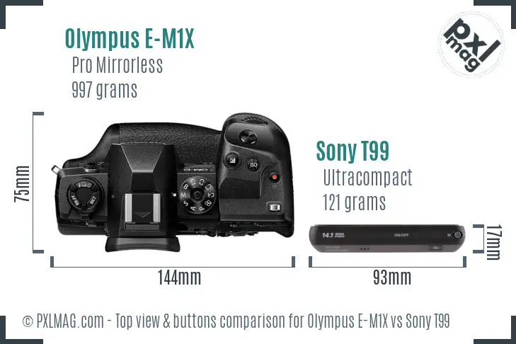 Olympus E-M1X vs Sony T99 top view buttons comparison