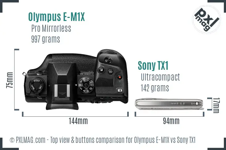 Olympus E-M1X vs Sony TX1 top view buttons comparison