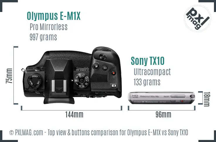 Olympus E-M1X vs Sony TX10 top view buttons comparison