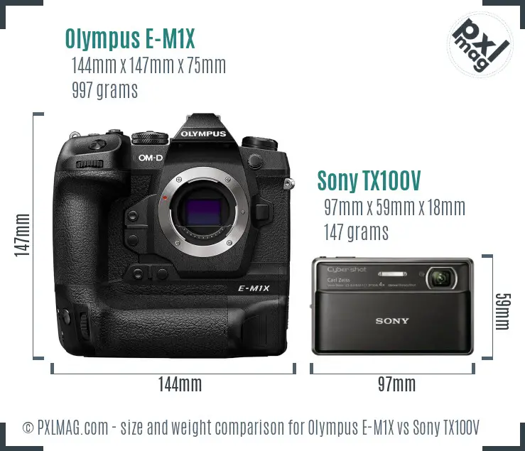 Olympus E-M1X vs Sony TX100V size comparison