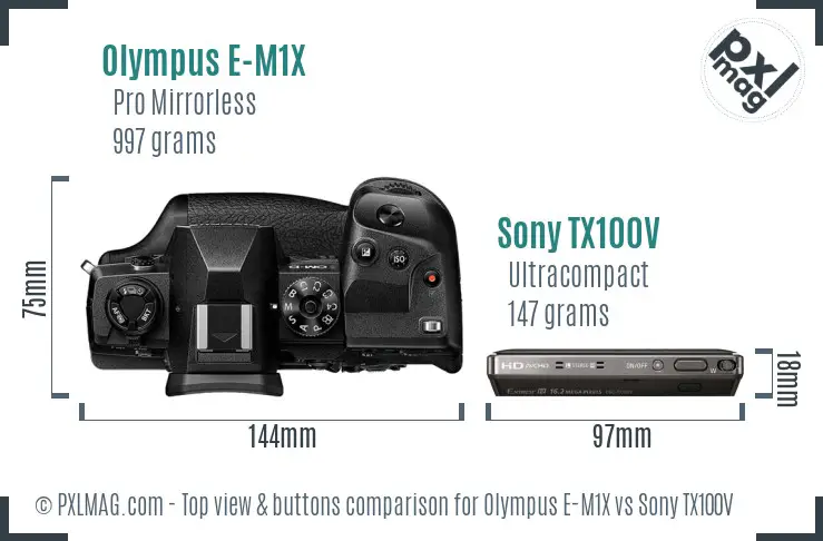 Olympus E-M1X vs Sony TX100V top view buttons comparison