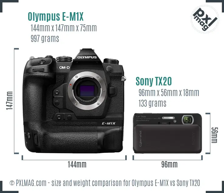 Olympus E-M1X vs Sony TX20 size comparison