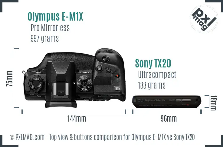 Olympus E-M1X vs Sony TX20 top view buttons comparison