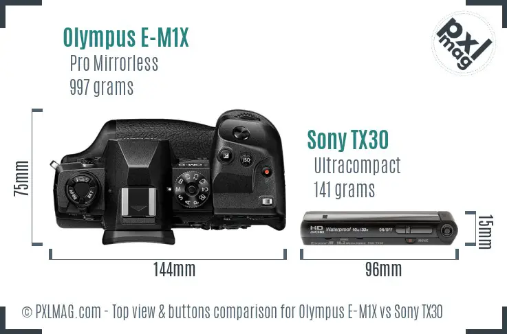 Olympus E-M1X vs Sony TX30 top view buttons comparison Olympus E-M1X vs Sony TX30 top view buttons comparison