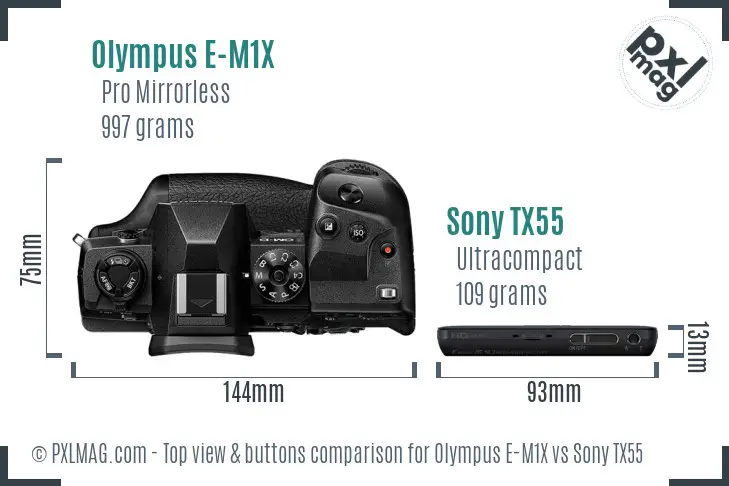 Olympus E-M1X vs Sony TX55 top view buttons comparison