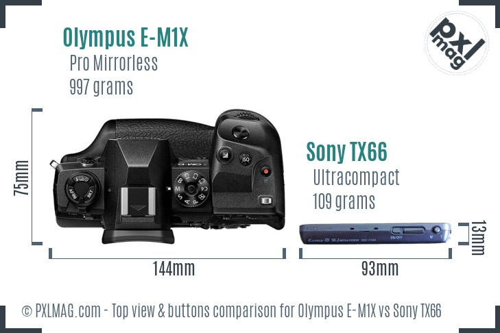Olympus E-M1X vs Sony TX66 top view buttons comparison