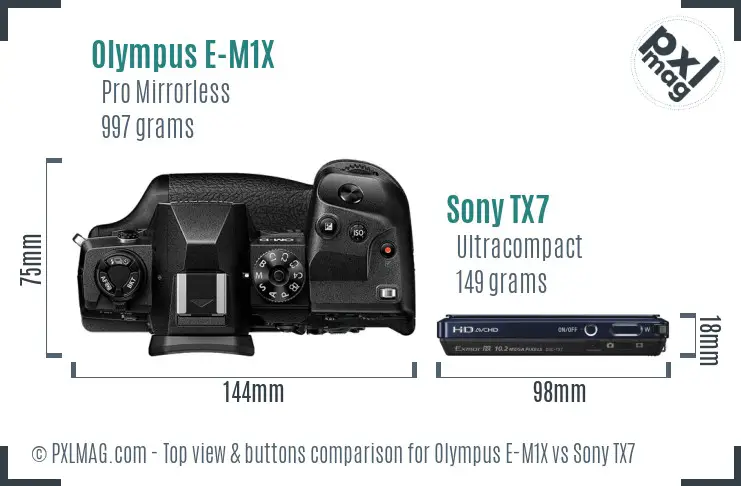 Olympus E-M1X vs Sony TX7 top view buttons comparison
