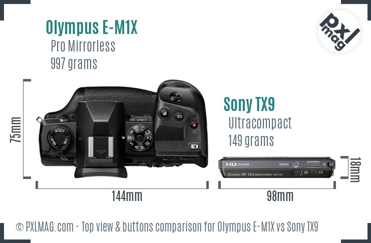 Olympus E-M1X vs Sony TX9 top view buttons comparison