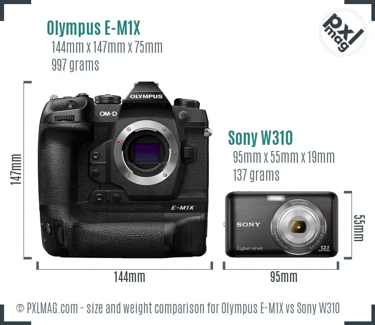 Olympus E-M1X vs Sony W310 size comparison