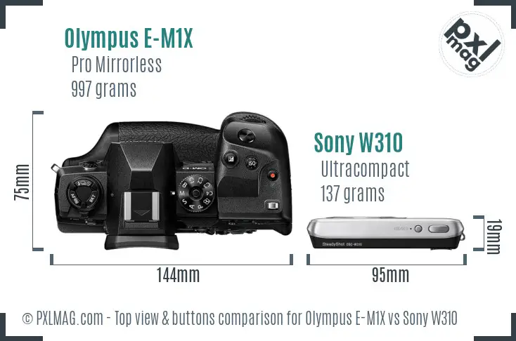 Olympus E-M1X vs Sony W310 top view buttons comparison