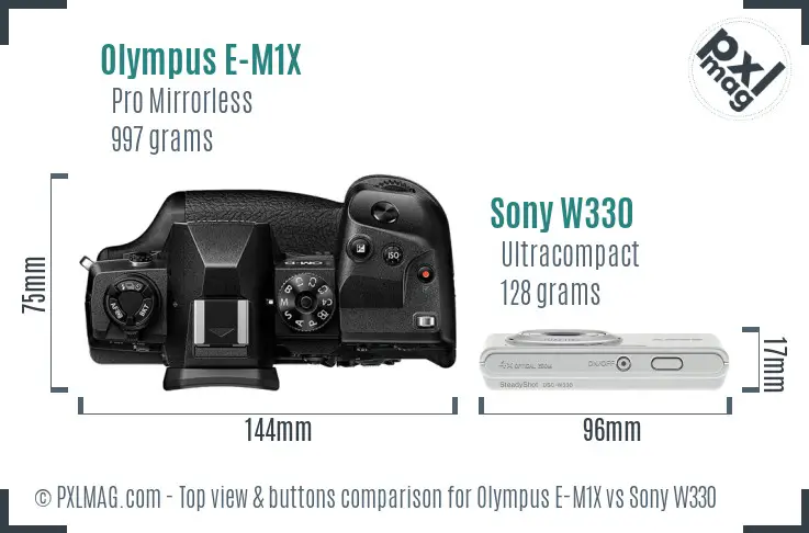 Olympus E-M1X vs Sony W330 top view buttons comparison Olympus E-M1X vs Sony W330 top view buttons comparison