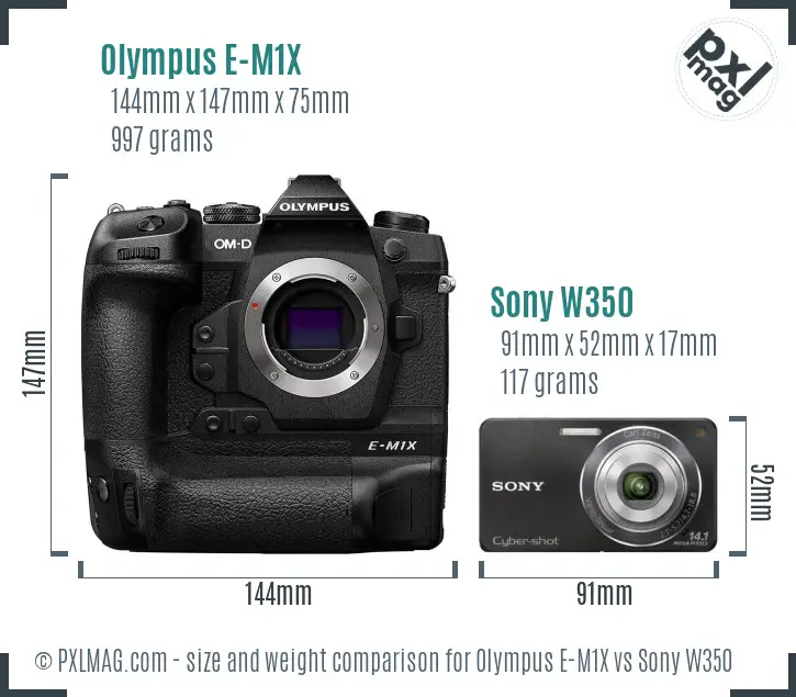 Olympus E-M1X vs Sony W350 size comparison