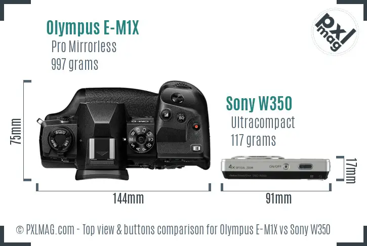 Olympus E-M1X vs Sony W350 top view buttons comparison