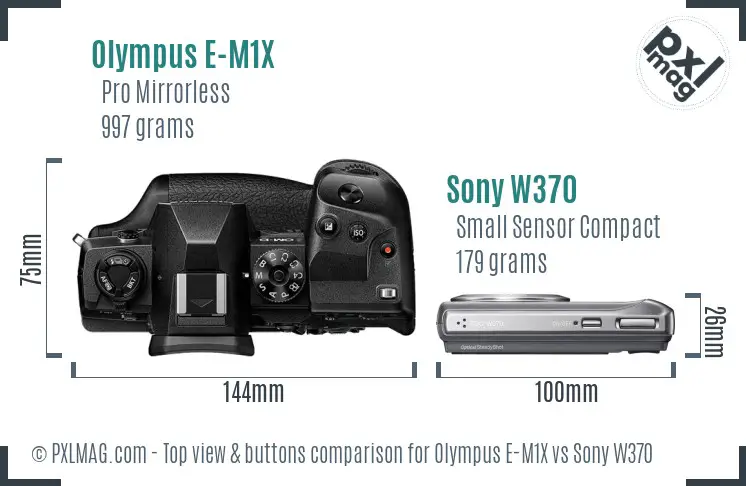 Olympus E-M1X vs Sony W370 top view buttons comparison