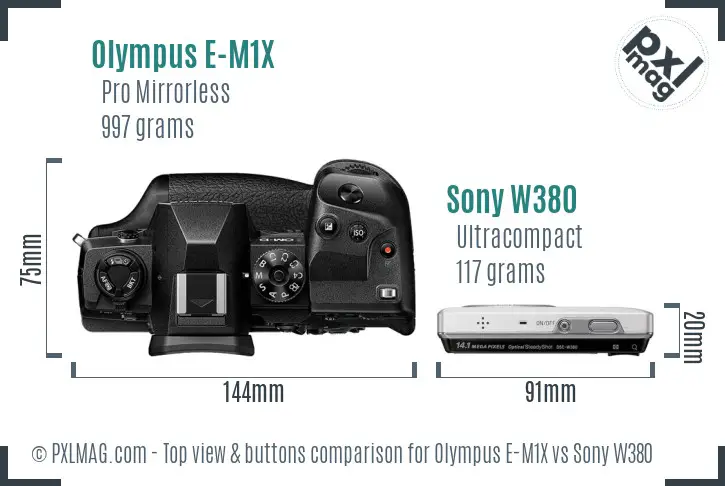 Olympus E-M1X vs Sony W380 top view buttons comparison