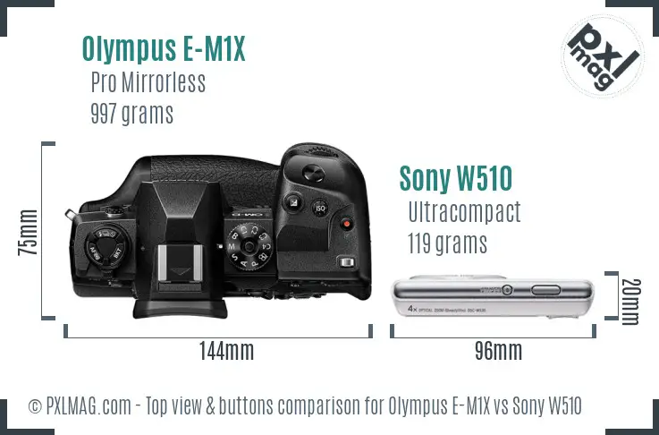 Olympus E-M1X vs Sony W510 top view buttons comparison