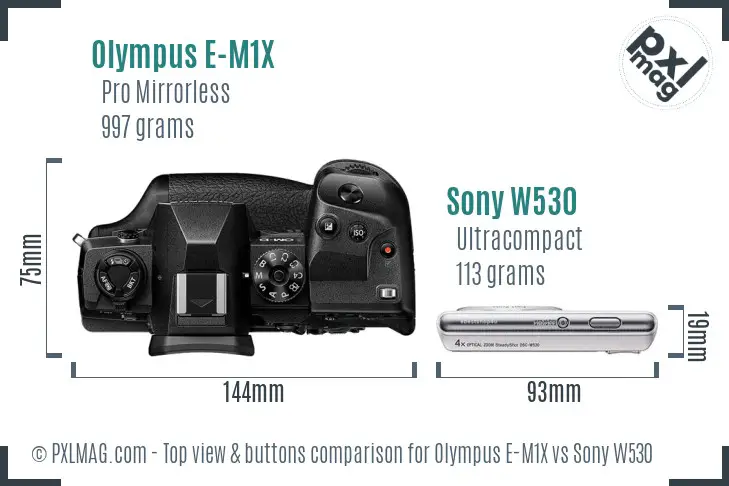 Olympus E-M1X vs Sony W530 top view buttons comparison
