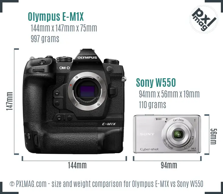 Olympus E-M1X vs Sony W550 size comparison