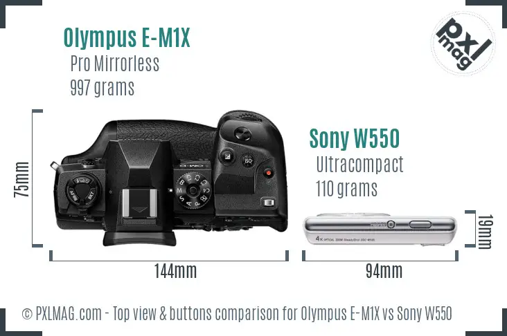 Olympus E-M1X vs Sony W550 top view buttons comparison