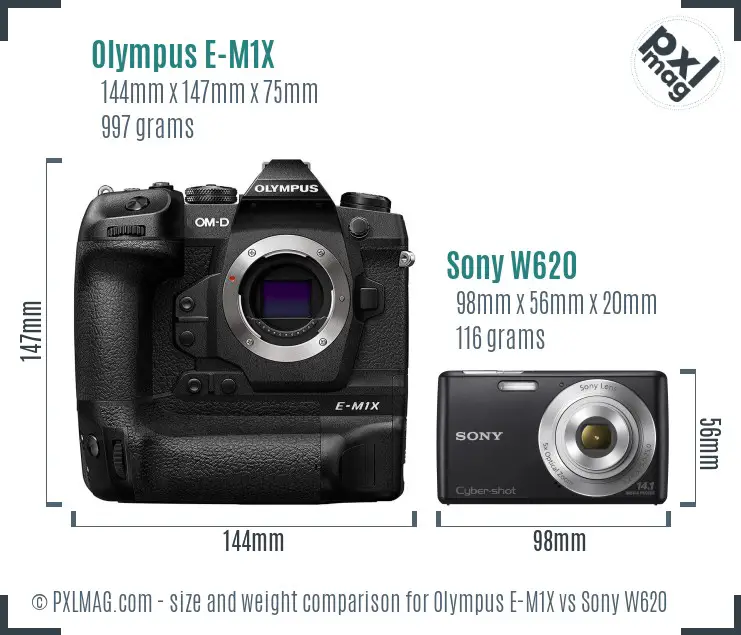 Olympus E-M1X vs Sony W620 size comparison